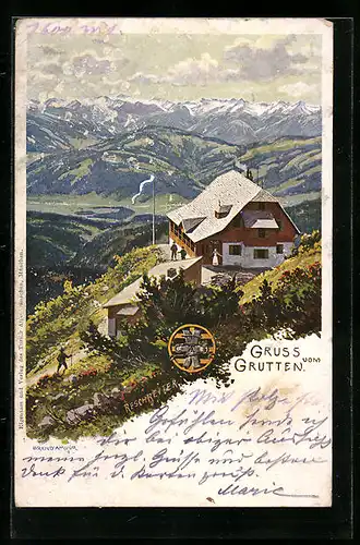 Künstler-AK Rudolf Reschreiter: Grutten, Berggasthaus mit Panorama