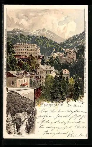Künstler-Lithographie Otto Strützel: Badgastein, Panorama und Wasserfall