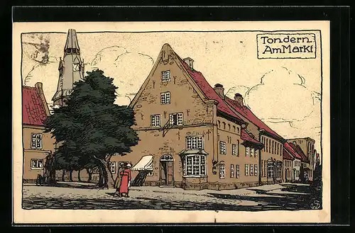 Steindruck-AK Tondern, Strassenpartie am Markt