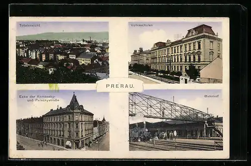 AK Prerau, Bahnhof /Nádrazi, Volks- und Bürgerschulen