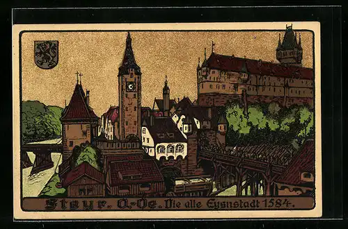 Steindruck-AK Steyr, Die alte Eysnstadt 1584