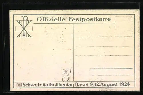 Künstler-AK Basel, VI. Schweizer Katholikentag August 1924, Aufzug mit Fahnen