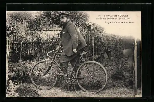 AK Thaon-les-Vosges, Madame Delait en excursion, Exiger le Cachet de Mme Delait, Mme Delait auf dem Fahrrad