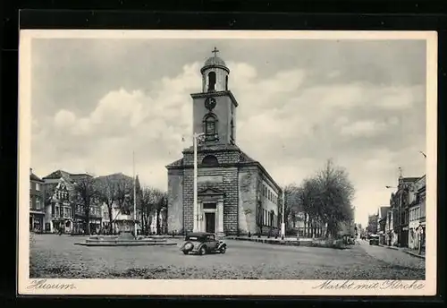 AK Husum, Ortspartie mit Markt und Kirche