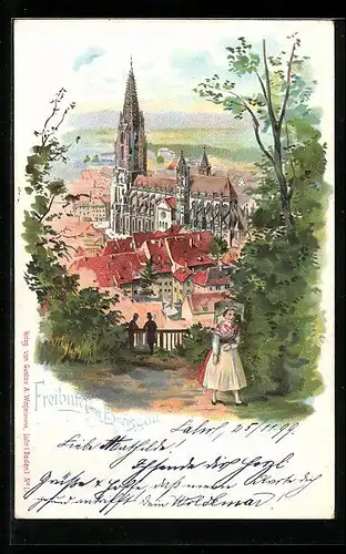 Lithographie Freiburg i. Breisgau, Frau in Tracht mit Blick auf das Münster