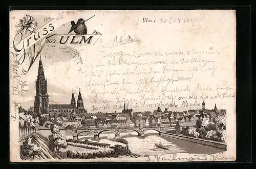 Lithographie Ulm, Teilansicht mit Kirche