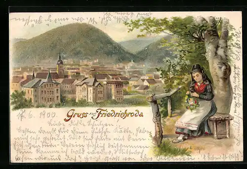 Lithographie Friedrichroda, Panorama und Frau in Volkstracht