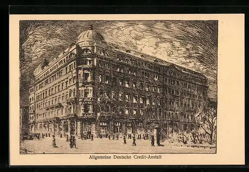 Künstler-AK Leipzig, Blick auf die Allgemeine Deutsche Credit-Anstalt, Hauptbank