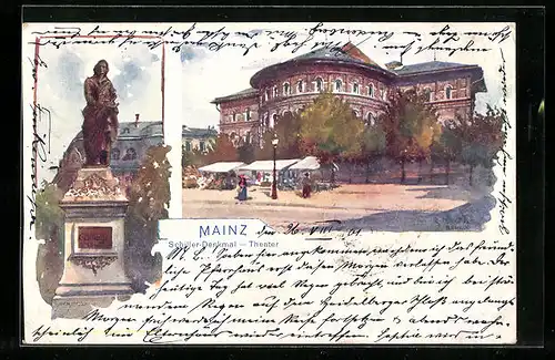 Künstler-AK Mainz, Theater, Schiller-Denkmal