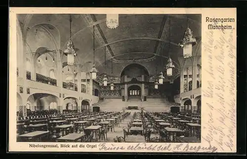 AK Mannheim, Gasthaus Rosengarten, Nibelungensaal, Blick auf die Orgel
