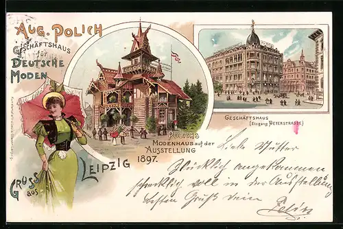 Lithographie Leipzig, Ausstellung, Polichs Modenhaus, Geschäftshaus, Frau mit Schirm