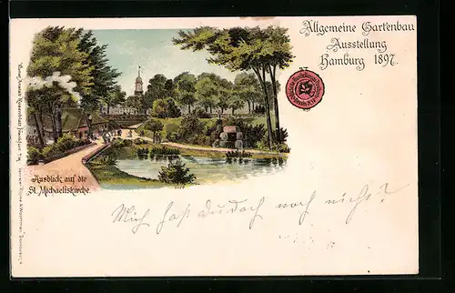 Lithographie Hamburg, Allgemeine Gartenbau Ausstellung 1897, Ausblick auf die St. Michaelskirche