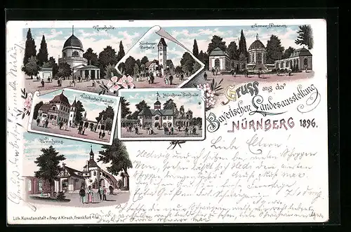 Lithographie Nürnberg, Bayerische Landesausstellung 1896, Weinhaus, Kulmbacher & Münchner Bierhalle, Armee-Museum