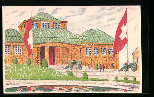 Künstler-AK Bern, Schweizer Landes-Ausstellung 1914, am Wehrwesen