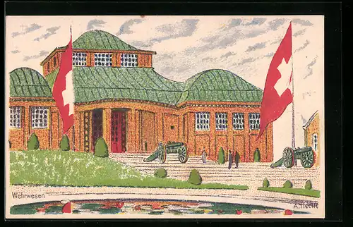 Künstler-AK Bern, Schweizer Landes-Ausstellung 1914, am Wehrwesen