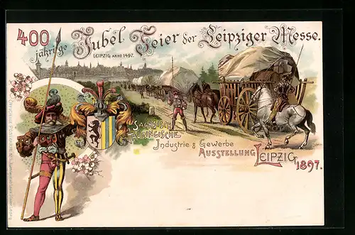 Lithographie Leipzig, Sächs.-Thüring. Industrie- u. Gewerbeausstellung 1897, 400 Jahre Leipziger Messe, Landsknecht