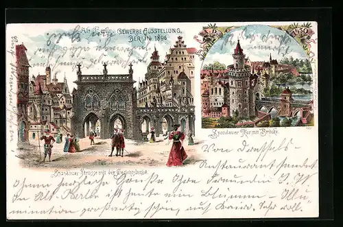 Lithographie Berlin, Gewerbe-Ausstellung 1896, Alt-Berlin, Spandauer Strasse mit Gerichtsplatz, Spandauer Thor mit Brücke