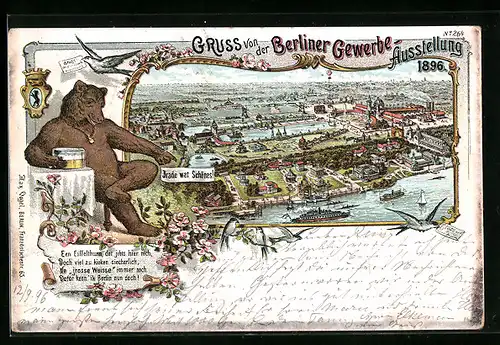 Lithographie Berlin, Gewerbe-Ausstellung 1896, Teilansicht mit Ausstellungshalle, Berliner Bär
