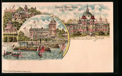 Lithographie Berlin, Gewerbe-Ausstellung 1896, Marine-Schauspiel, Gartenbau-Ausstellung