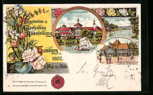 Lithographie Hamburg, Allgemeine Gartenbau-Ausstellung 1897, Pavillon der Samenhandlung Ernst & von Spreckelsen