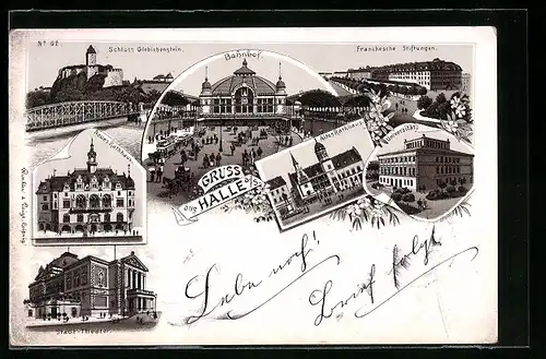 Vorläufer-Lithographie Halle /Saale, 1893, Schloss Giebichenstein, Bahnhof, Franckesche Stiftungen, Stadt-Theater