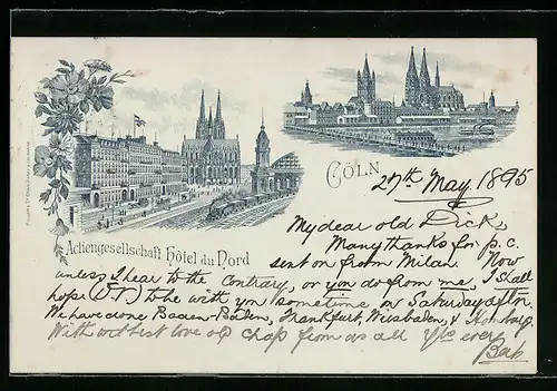 Vorläufer-Lithographie Cöln, 1895, Actiengesellschaft Hotel du Nord, Dom und Pontonbrücke