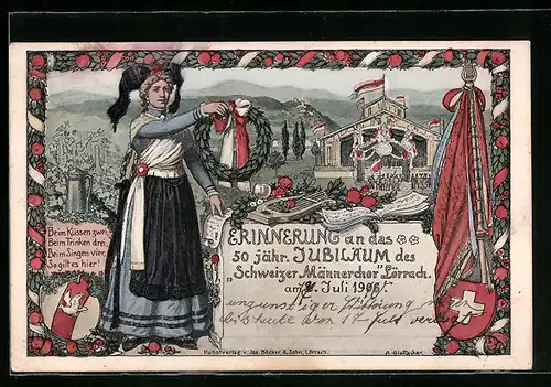 Künstler-AK Lörrach, 50-jähriges Jubiläum des Schweizer Männerchor 1906, Frau in Tracht, Sängerfest