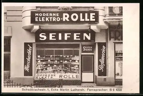 AK Berlin-Schöneberg, Seifenhandlung Siefus, Schwäbischestrasse 1 Ecke Martin-Lutherstrasse