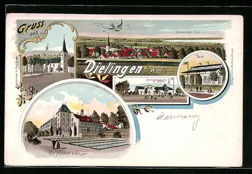 Lithographie Dielingen /Westfalen, Teilansicht mit Dümmer See, Post, Amtsgebäude, Gut Haldem