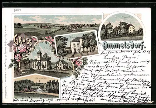 Lithographie Ammelsdorf, Horn`s Restaurant, Gesamtansicht, Erbgericht, Körnermühle