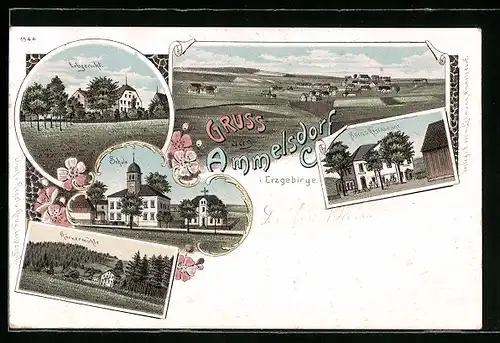 Lithographie Ammelsdorf i. Erzgebirge, Horn`s Restaurant, Gasthaus Erbgericht, Schule