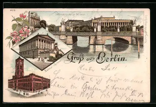 Vorläufer-Lithographie Berlin, 1895, Schlossbrücke und Museum, National-Galerie, Rotes Rathaus