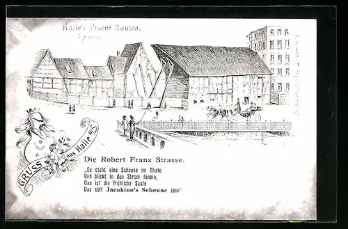 Lithographie Halle /Saale, Halle`s Pracht-Bauten, Die Robert Franz Strasse, Jacobine`s Scheune