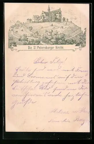 Vorläufer-Lithographie Wettin, 1893, Die St. Petersberger Kirche