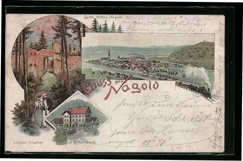 Lithographie Nagold, Hotel Bad Röthenbach, Ruine Hohen-Nagold, Teilansicht