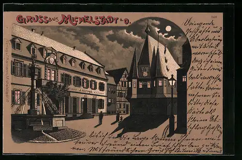 Lithographie Michelstadt i. O., Strassenpartie mit Gasthaus zum Löwen und Brunnen bei Mondschein