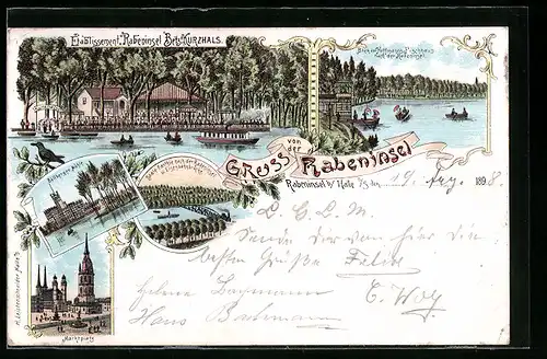 Lithographie Halle / Saale, Gasthaus Rabeninsel, Blick nvon Hoffmann`s Fischhaus nach dem Ort, Böllberger Mühle