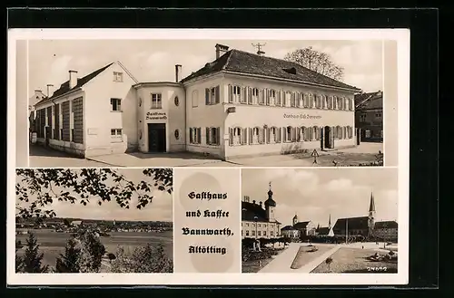 AK Altötting, Gasthaus und Cafe Bannwarth, Ortspartie mit Kirche, Teilansicht