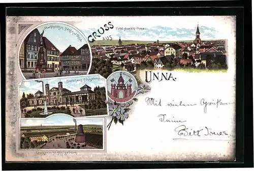 Lithographie Unna, Gradierwerke Königsborn, Badehaus Königsborn, Marktplatz mit Denkmal