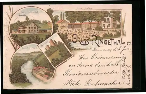 Lithographie Ringethal, Gasthof zu Ringelthal, Park-Anlage, Lauenheiner Mühle