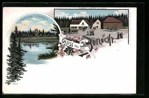 Lithographie Oppenau, Gasthaus zur Zuflucht, Schwabenschanz und Aussichtsturm