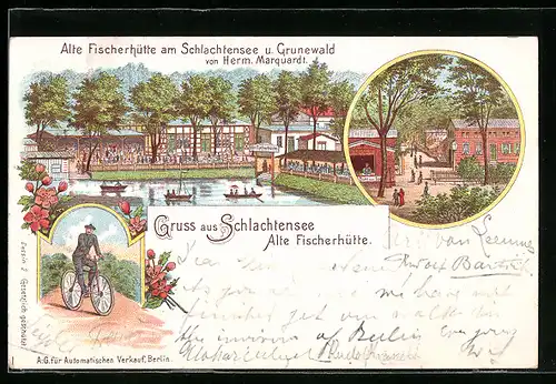 Lithographie Berlin-Schlachtensee, Gasthaus Alte Fischerhütte am Schlachtensee und Grunewald