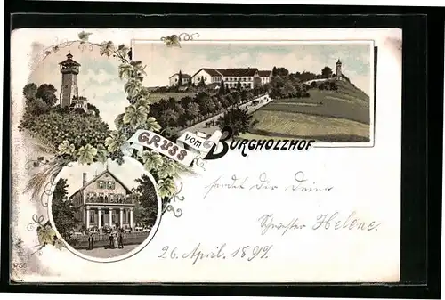 Lithographie Burgholzhof, Partie mit Gasthaus und Turm