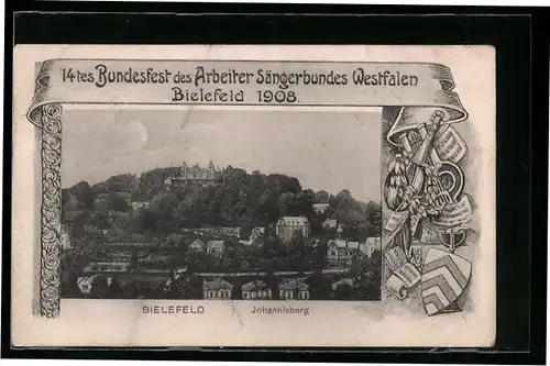 AK Bielefeld, 14. Bundesfest d. Arbeiter Sängerbundes Westfalen 1908, Blick auf den Johannisberg