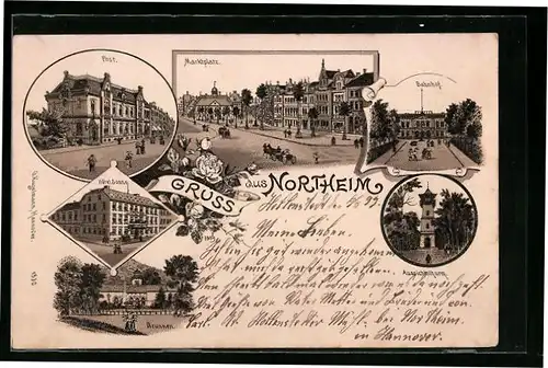 Lithographie Northeim, Hotel Sonne, Bahnhof und Aussichtsturm