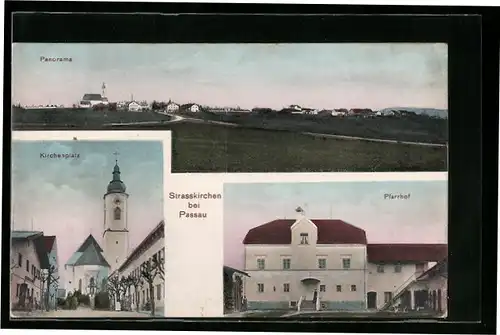 AK Strasskirchen bei Passau, Panorama, Kirchenplatz und Pfarrhof