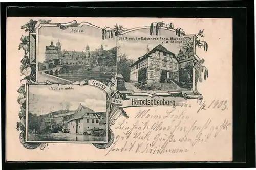 AK Hämelschenburg, Schloss mit Schlossmühle und Gasthaus Im Kaiser von Fez u. Marocco von W. Stümpel