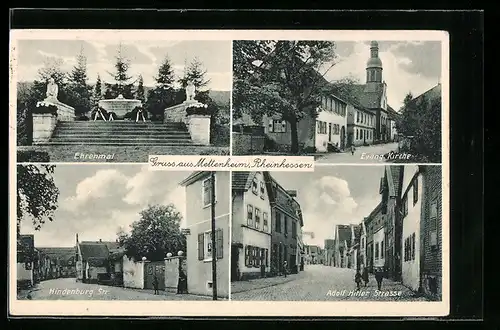 AK Mettenheim /Rheinhessen, Ehrenmal, Hindenburg Str. und Str.