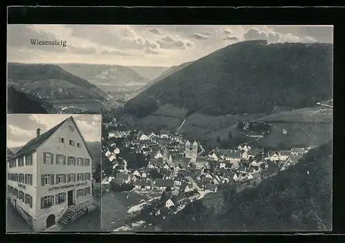 AK Wiesensteig, Ortsansicht aus der Vogelschau, Gasthof u. Bierbrauerei z. Lamm