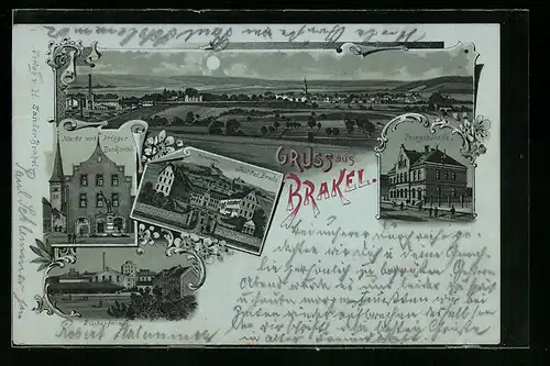 Lithographie Brakel, Markt mit Krieger Denkmal, Zuckerfabrik, Institut Brede, Postgebäude, Ortsansicht